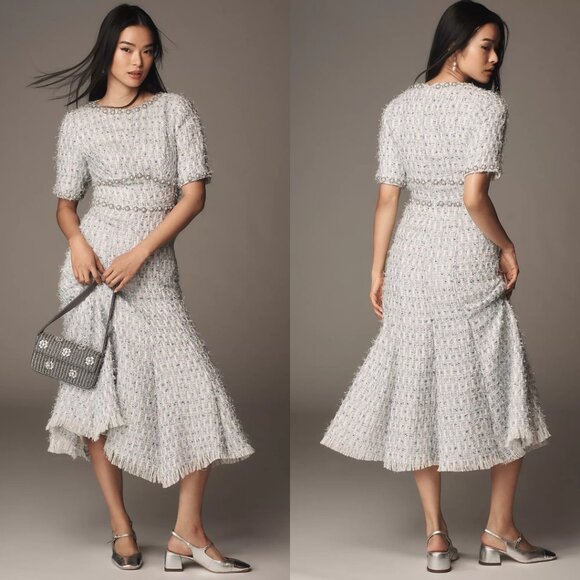 Anthropologie Mac Duggal 20806 Blue Short Sleeve Beaded Trim Boucle‎ Midi Dress - Picture 1 of 10